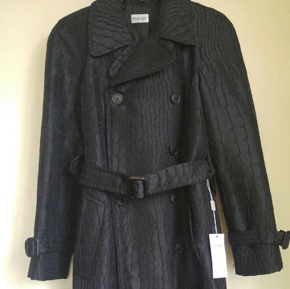 Black snakeskin fabric trench coat by Philosophy